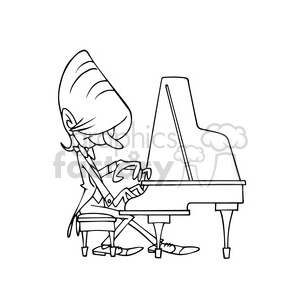   The image is a black and white line drawing or clipart of a character playing a grand piano. The character has a large, exaggerated hairstyle that covers the eyes, wears a long coat, and has pointy shoes. Since I