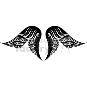 This clipart image features a pair of stylized black and white wings facing towards each other, giving the impression of being symmetrical. The intricate design showcases detailed feather patterns, creating a visually striking and decorative element.
