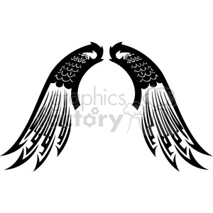 This clipart image features a pair of stylized, symmetrical black wings with intricate, tribal-like patterns. The wings are curved inward, creating a mirror image.