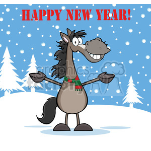 The image features a cartoon-style drawing of a cheerful brown horse standing on snow with a winter scene in the background, including white pine trees and falling snowflakes. The horse is smiling broadly and wearing a green and red scarf, suggesting a holiday or festive theme. Above the horse, the text HAPPY NEW YEAR! is prominently displayed in red capital letters.