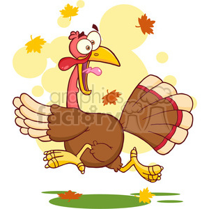   This is a colorful, cartoon-style clipart image of a turkey running. The turkey has a comical expression on its face, with wide eyes and an exaggerated beak open as if it