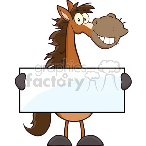 The clipart image depicts a cartoon horse holding a blank sign. The horse is brown with a darker brown mane and tail, and it has large, googly eyes and a big, cheerful smile showing teeth. The sign the horse is holding could be used for inserting text or messages.