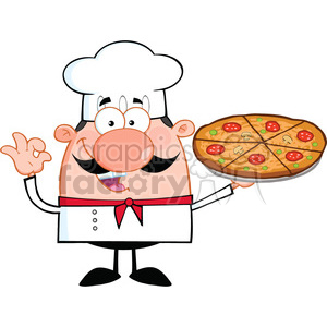   The clipart image depicts a cartoon chef holding a pizza. The chef is wearing a traditional white chef