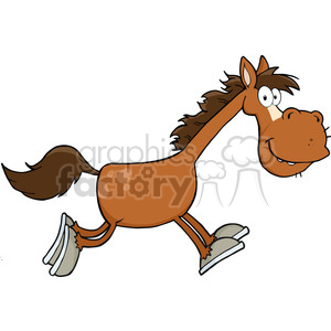   The image is a cartoon clipart of a smiling horse. The horse is depicted in a playful pose, trotting and looking happy. It has a brown body with lighter spots, a dark brown mane and tail, white hooves, and it