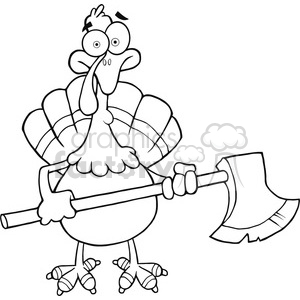   The clipart image features a cartoon turkey holding an axe. The turkey has a surprised or alarmed expression on its face, wide eyes, and is standing upright on two legs. Its tail feathers are spread out, and it has a couple of feathers sticking out from the top of its head. The axe is being held in the turkey