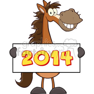 This image depicts a cartoon horse holding a sign with the numbers 2014 printed on it. The horse is smiling and the numbers are in yellow and red colors. The horse appears to be brown with a darker mane, and it has large, expressive eyes, giving it a friendly and cheerful demeanor.