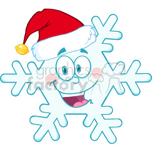 A cheerful cartoon snowflake wearing a Santa hat, symbolizing festive winter and Christmas themes.