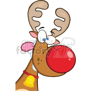 Cartoon illustration of a reindeer with a large red nose and a bell around its neck, symbolizing Christmas and holiday cheer.