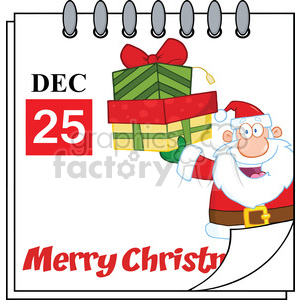 A festive clipart image featuring Santa Claus holding a gift, a calendar displaying December 25th, and the text 'Merry Christmas.'