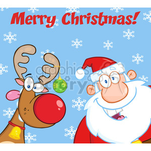 A festive clipart image featuring a cartoon Santa Claus and a reindeer with the text 'Merry Christmas!' on a light blue background with snowflakes.