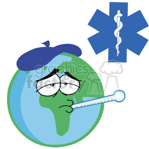   The image features a stylized representation of the Earth with a human-like face, appearing sick or unwell. It has a thermometer in its mouth, and the mercury level suggests a fever. The Earth also has a cold compress or ice pack on its head, which is commonly used to relieve fever or headaches. Above the Earth, there