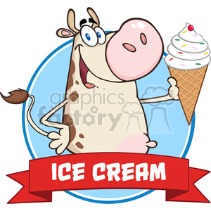 The clipart image shows a cartoon cow holding an ice cream cone. The cow appears to be happy and excited, with its tongue sticking out and eyes wide open, suggesting a humorous and playful demeanor. The cow has a large pink snout and is standing in front of a blue circle background. Below the cow, there's a red banner with the text ICE CREAM in white capital letters, which emphasizes the theme of the image.