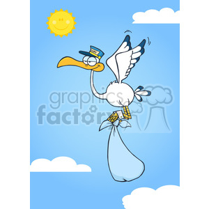 The clipart image depicts a funny cartoon stork flying through a blue sky with white clouds. The stork is wearing a cap labeled BABY and glasses, and is carrying a bundle tied with a bow, which traditionally represents a baby being delivered. The sun in the top left corner has a smiling face.