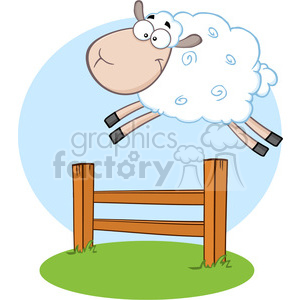 7123 Royalty Free RF Clipart Illustration Funny White Sheep Jumping Over The Fence