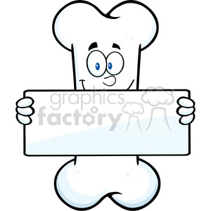 The clipart image shows an anthropomorphized bone with a funny expression, holding a blank sign. It features a bone with large, friendly eyes wearing glasses, a big broad smile, and cartoonish hands, one on each side, holding the sign.