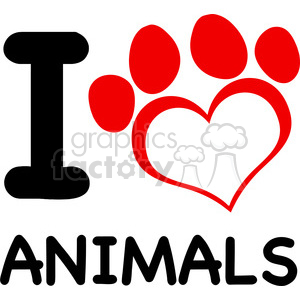 A clipart image displaying the text 'I Love Animals' with a red paw print forming the shape of a heart.