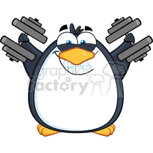 Royalty Free RF Clipart Illustration Smiling Penguin Cartoon Mascot Character Training With Dumbbells