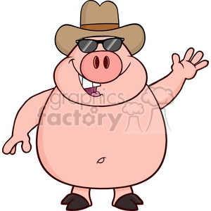 The image is a clipart of a cartoon pig standing upright and wearing a cowboy hat and sunglasses. The pig is smiling, showing its teeth, and raising one of its hands in a greeting or wave.