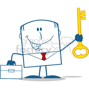 Royalty Free RF Clipart Illustration Happy Businessman With Briefcase Holding A Golden Key Monochrome Cartoon Character