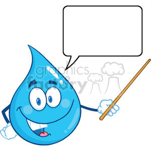   Royalty Free RF Clipart Illustration Water Drop Character Holding A Pointer With Speech Bubble 
