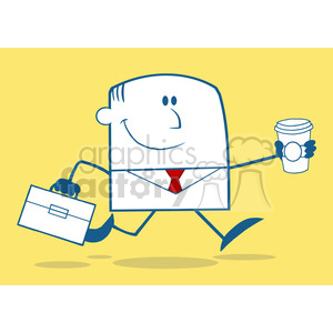   Royalty Free RF Clipart Illustration Lucky Businessman Running To Work With Briefcase And Coffee Monochrome Cartoon Character On Yellow Background 