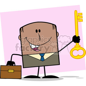   Royalty Free RF Clipart Illustration Happy African American Businessman With Briefcase Holding A Golden Key Cartoon Character On Background 