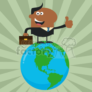 A cheerful cartoon businessman in a black suit, holding a briefcase, standing on top of a large globe with a thumbs-up gesture. The background features a radial green pattern.