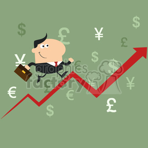 Businessman Climbing Upward Trend Arrow with Currency Symbols