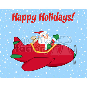 A festive clipart image of Santa Claus flying in a red airplane with snow in the background and the text 'Happy Holidays!'.