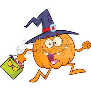 8898 Royalty Free RF Clipart Illustration Funny Witch Pumpkin Cartoon Character Running With A Halloween Candy Basket Vector Illustration Isolated On White