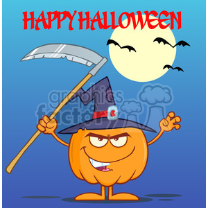Royalty Free RF Clipart Illustration Scaring Halloween Pumpkin With A Witch Hat And Scythe Greeting Card