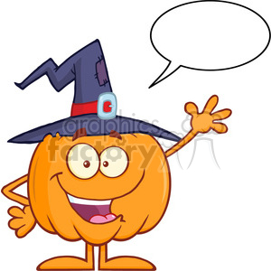 8890 Royalty Free RF Clipart Illustration Happy Witch Pumpkin Cartoon Character Waving With Speech Bubble Vector Illustration Isolated On White