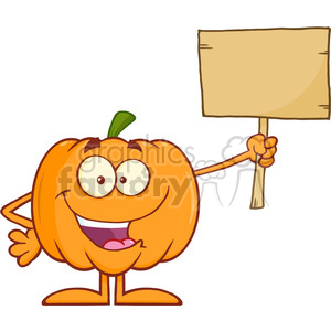 Royalty Free RF Clipart Illustration Funny Halloween Pumpkin Cartoon Mascot Character Holding A Wooden Board