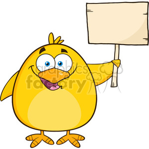8615 Royalty Free RF Clipart Illustration Happy Yellow Chick Cartoon Character Holding A Wooden Sign Vector Illustration Isolated On White