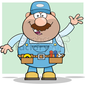 8524 Royalty Free RF Clipart Illustration Smiling Mechanic Cartoon Character Waving For Greeting Vector Illustration With Background