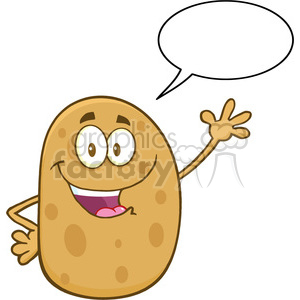   8782 Royalty Free RF Clipart Illustration Happy Potato Cartoon Character Waving With Speech Bubble Vector Illustration Isolated On White 