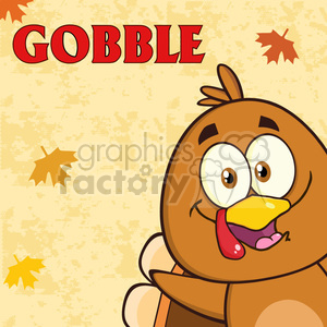 A cartoon turkey with a big smile and the word 'Gobble' in bold red letters, surrounded by autumn leaves, set against a textured beige background.