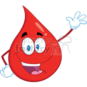 A cheerful, anthropomorphic blood drop with eyes and a smiling face, waving.