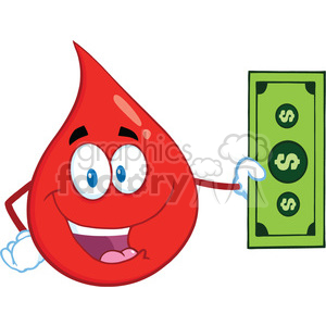 A cartoon blood drop character holding a stack of money.