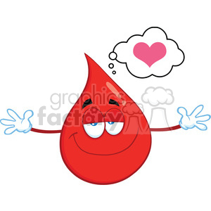 A cheerful cartoon blood drop character with arms, wearing gloves, and thinking about love, represented by a heart shape in a thought bubble.