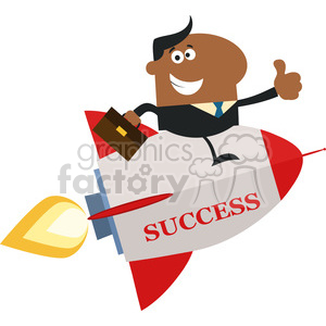 8342 Royalty Free RF Clipart Illustration African American Manager Flying On The Rocket And Giving Thumb Up Flat Style Vector Illustration With Text