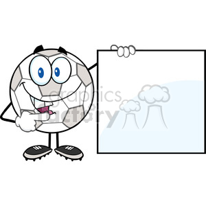 Royalty Free RF Clipart Illustration Happy Soccer Ball Cartoon Character Showing A Blank Sign