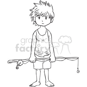 The clipart image shows a black and white cartoon of a young boy holding a fishing pole.