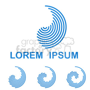 This clipart image features a blue circular abstract design composed of concentric rings, partially disrupted to form a wave or swirl pattern. Below the main design, the text 'Lorem Ipsum' is displayed in blue capital letters. Underneath the text, there are three smaller versions of the abstract design rendered in different levels of detail.