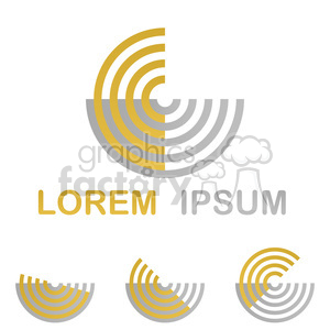 A minimalist clipart image featuring a half-circle design with concentric arcs in gold and gray colors. The image also includes the text 'Lorem Ipsum' in gold and gray, along with three smaller variations of the half-circle design.