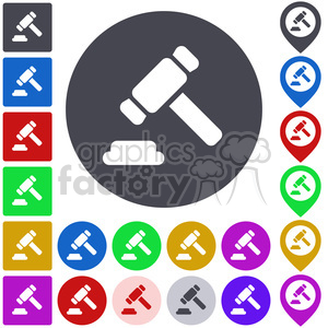 A clipart image showcasing a gavel, a symbol commonly associated with legal affairs, justice, and auctions. The image features a gavel and block in a circle, with variations in color schemes and icon styles.