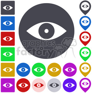 A collection of various colored eye icons in flat design, representing symbols of visibility and view, presented in circles, squares, and map pin shapes.