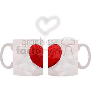 Clipart image of two white coffee mugs with a red heart that is split in two, one half on each mug. Above the mugs is a faint shape of a heart formed by steam.