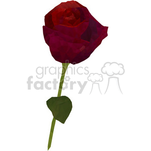 This clipart image features a low-poly red rose with a green stem and leaf.
