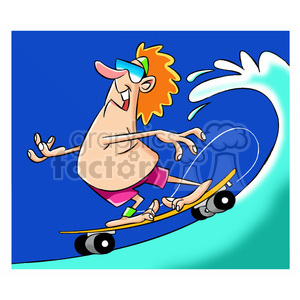 tom the cartoon surfer character riding skateboard on water
